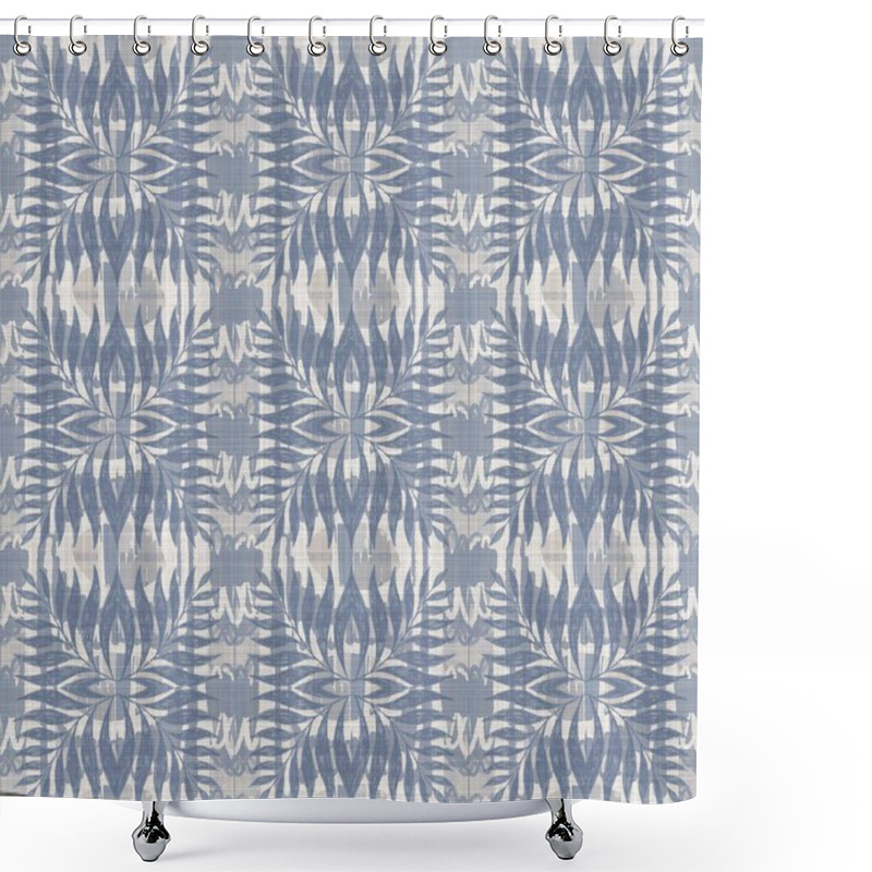 Personality  Seamless French Farmhouse Damask Linen Pattern. Provence Blue White Woven Texture. Shabby Chic Style Decorative Fabric Background. Textile Rustic All Over Print Shower Curtains