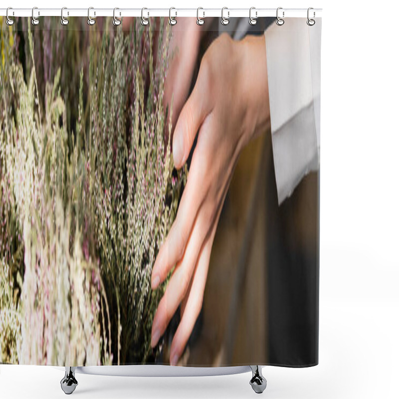 Personality  Partial View Of Florist Touching Heather In Sunshine, Banner Shower Curtains