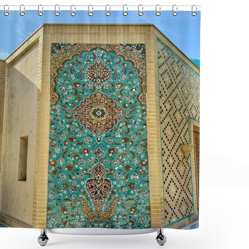 Personality  A Beautifully Crafted Islamic Wall Adorned With Turquoise Floral Tile Mosaics And Intricate Geometric Patterns. This Stunning Piece Of Traditional Art Showcases The Elegance And Cultural Richness Of Shower Curtains