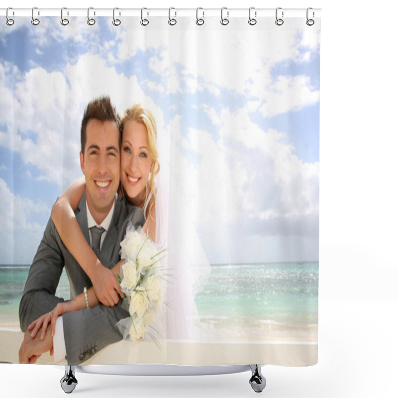 Personality  Just Married Couple Leaning On Fence By The Beach Shower Curtains