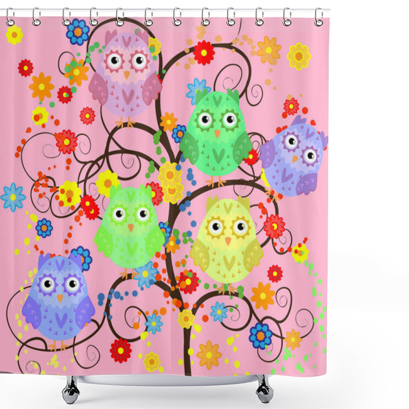 Personality  Bright Cute Cartoon Owls Sit On The Flowering Branches Of Fantastic Trees Shower Curtains