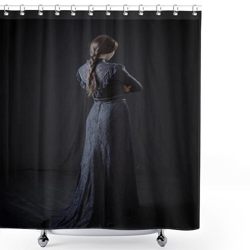 Personality  A Girl In An Old Dress And Hat Stands On A Dark Background And Is Sad Shower Curtains