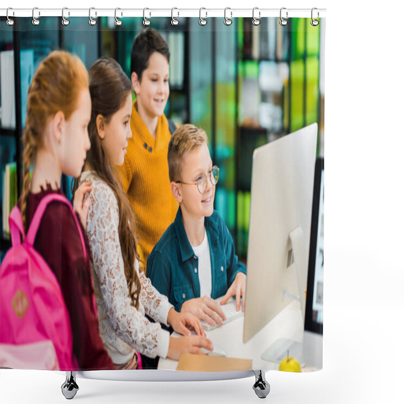 Personality  Smiling Schoolchildren Using Desktop Computer Together In Library Shower Curtains