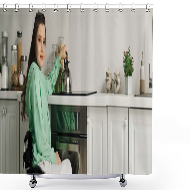 Personality  A Young Woman In A Wheelchair Sits In Her Kitchen, Preparing Coffee In The Morning. Shower Curtains