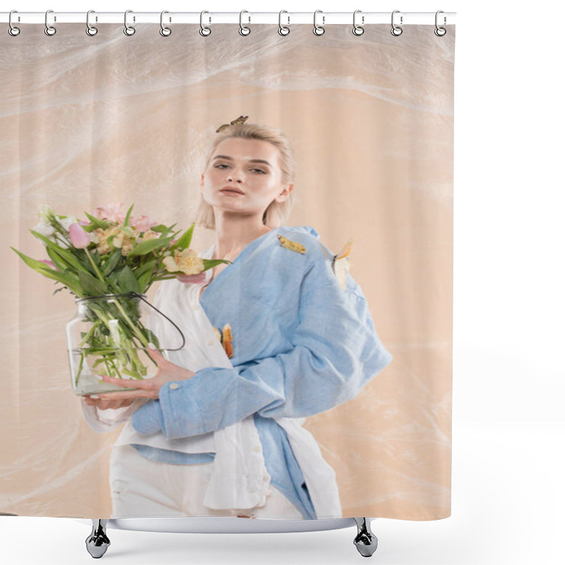 Personality  Attractive Girl Standing With Butterflies On Eco Clothing And Holding Glass Vase With Flowers On Beige Background, Environmental Saving Concept  Shower Curtains