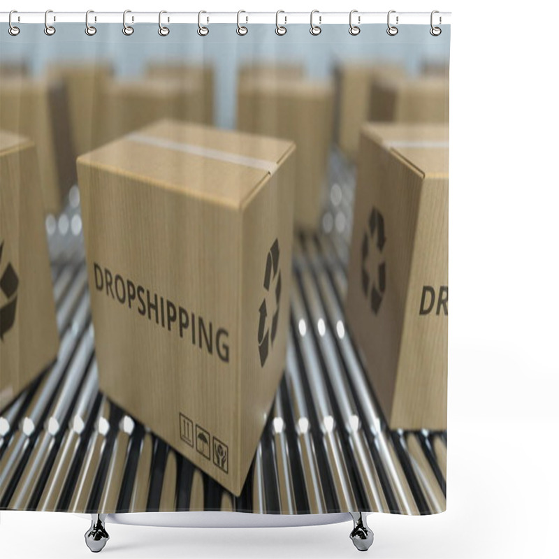 Personality  Carton Boxes With DROPSHIPPING Text Move On Roller Conveyor. 3D Rendering Shower Curtains