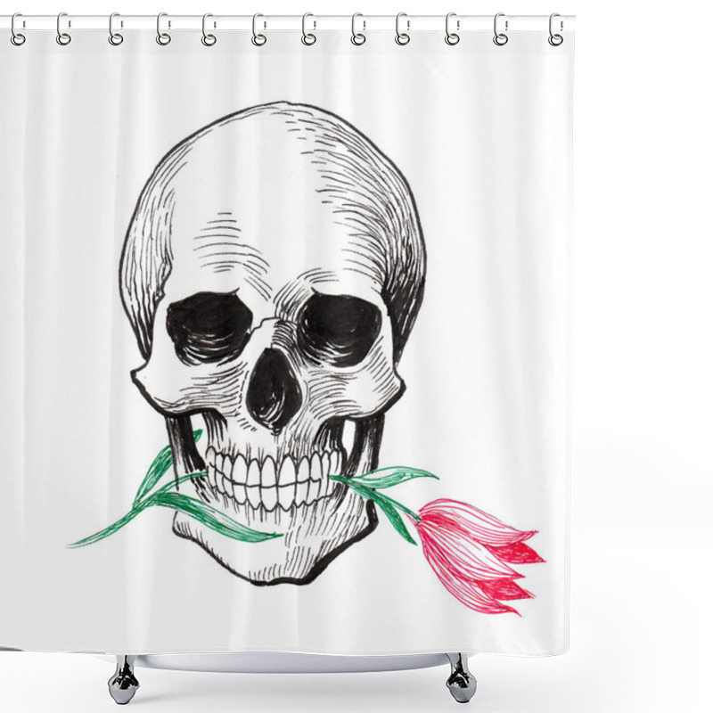 Personality  Human Skull With A Tulip Flower. Ink Black And White Drawing Shower Curtains