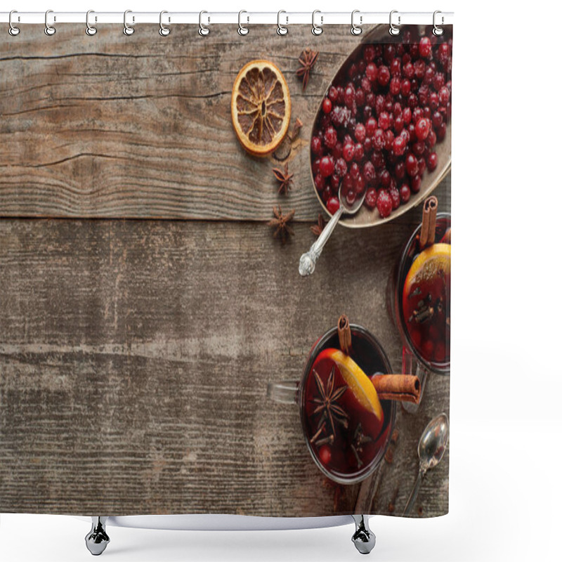 Personality  Top View Of Red Spiced Mulled Wine With Berries, Anise, Orange Slices And Cinnamon On Wooden Rustic Table Shower Curtains