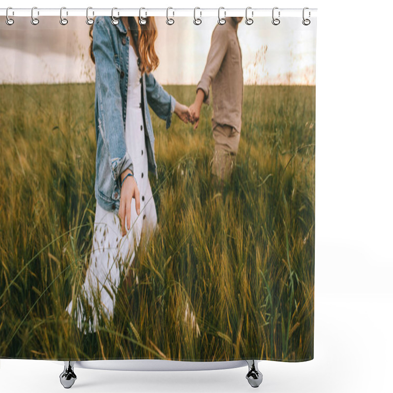 Personality  Cropped View Of Couple Holding Hands And Walking On Green Summer Meadow Shower Curtains