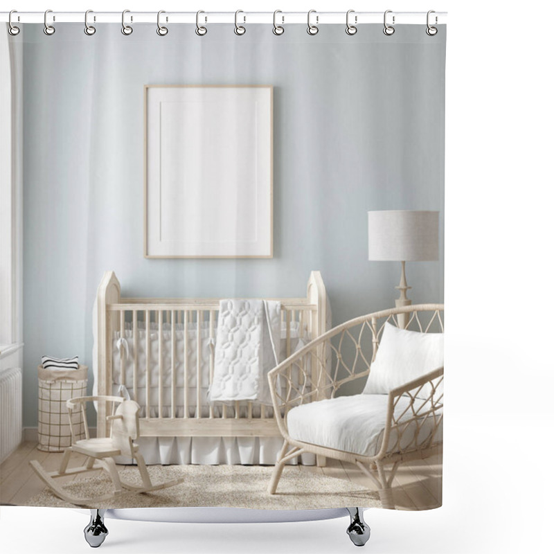 Personality  Mock Up Frame In Boy Nursery With Natural Wooden Furniture, 3D Render Shower Curtains