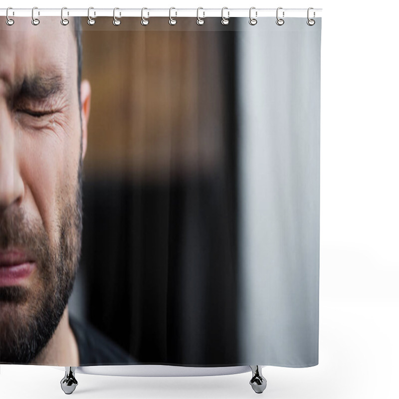 Personality  Partial View Of Depressed Bearded Man Crying With Closed Eyes Shower Curtains