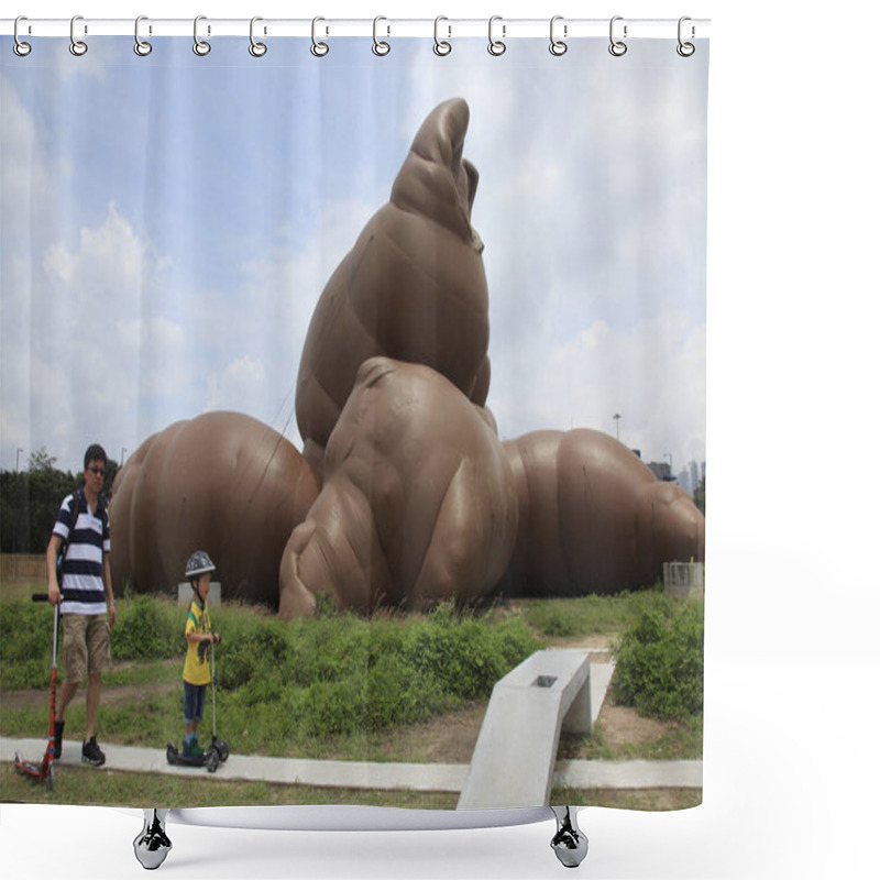 Personality  Visitors Walk Past A Work Of Art Entitled, Complex Pile, By U.S. Artist Paul McCarthy, During The Exhibition, Mobile M+: Inflation!, At The Waterfront Of West Kowloon Cultural District In Hong Kong, China, 19 May 2013 Shower Curtains