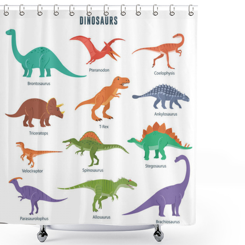 Personality  Set Of Dinosaurs Including T-rex, Brontosaurus, Triceratops, Velociraptor, Pteranodon, Allosaurus, Etc. Isolated On White Shower Curtains