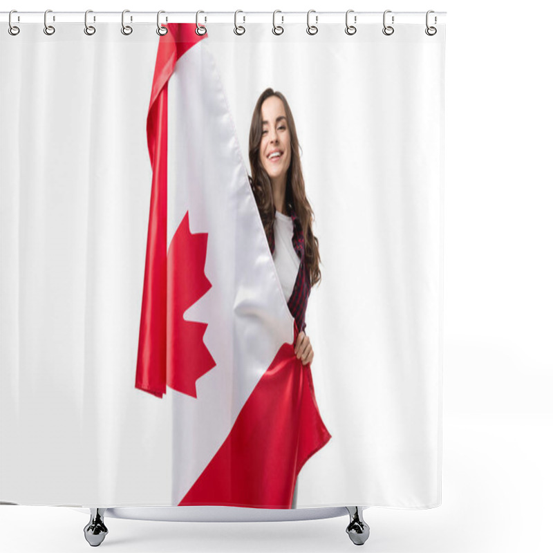 Personality  Beautiful Happy Woman Holding Canadian Flag Isolated On White Shower Curtains