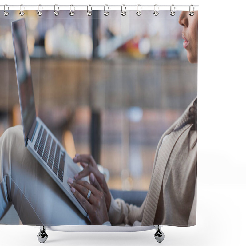 Personality  Woman Using Laptop At Home Shower Curtains