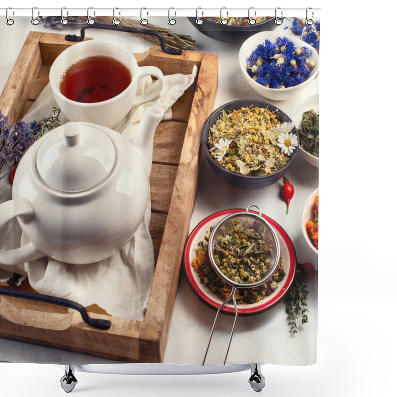 Personality  Brewed Herbal Tea With Bowls On White Table Shower Curtains