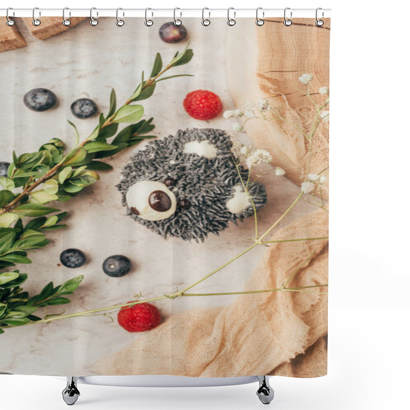 Personality  Top View Of Sweet Tasty Muffin In Shape Of Bear And Fresh Berries With Green Branch Shower Curtains