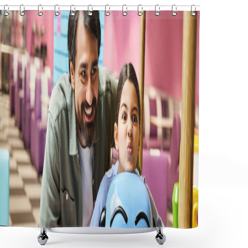 Personality  A Father And Child Happily Sitting On A Toy In A Childrens Play Area Inside A Mall During The Weekend. Shower Curtains