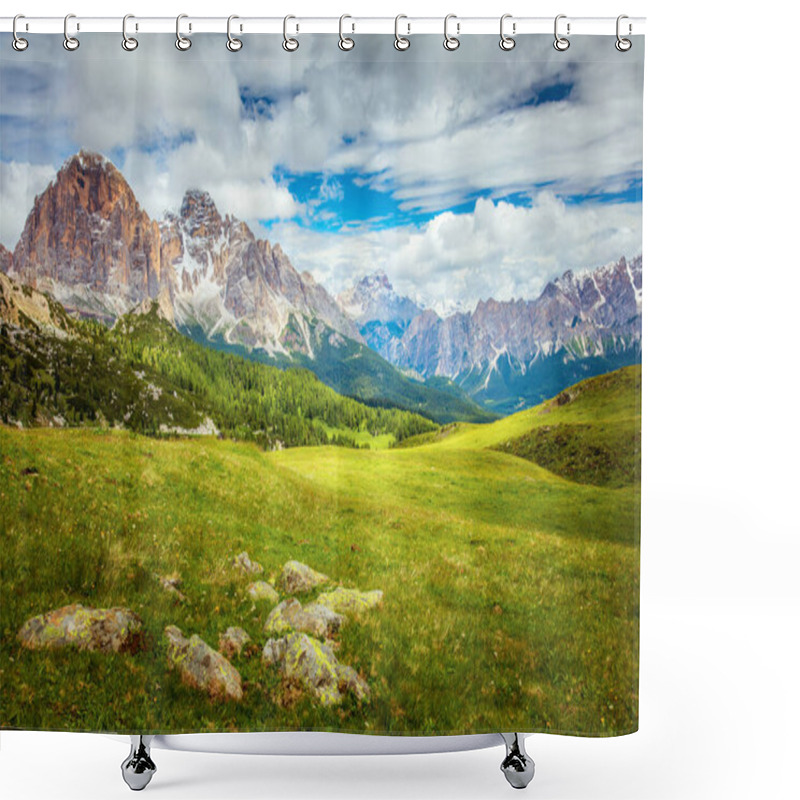 Personality  Mountain Green Valley Panoramic Landscape With Big Peaks, Summer Day In Dolomites Alps, Europe Shower Curtains