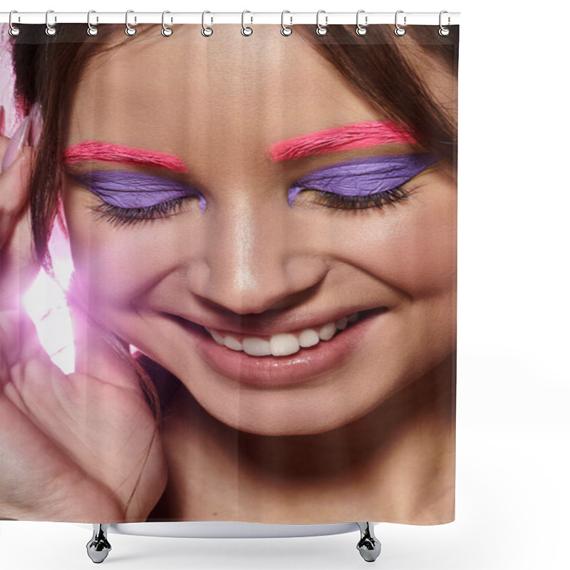 Personality  A Young Woman Shines With Vibrant Purple Eyeshadow, Pink Eyebrows, And A Bright Smile. Shower Curtains