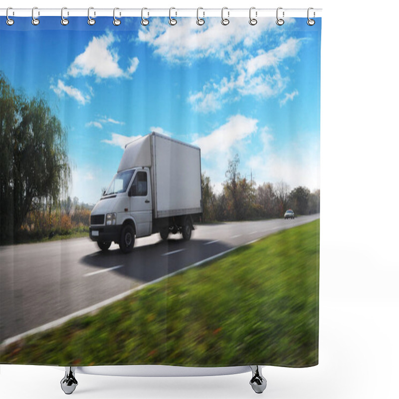 Personality  White Boxed Truck Driving Fast On The Countryside Road With Green Trees And Bushes Against Blue Sky With Clouds Shower Curtains