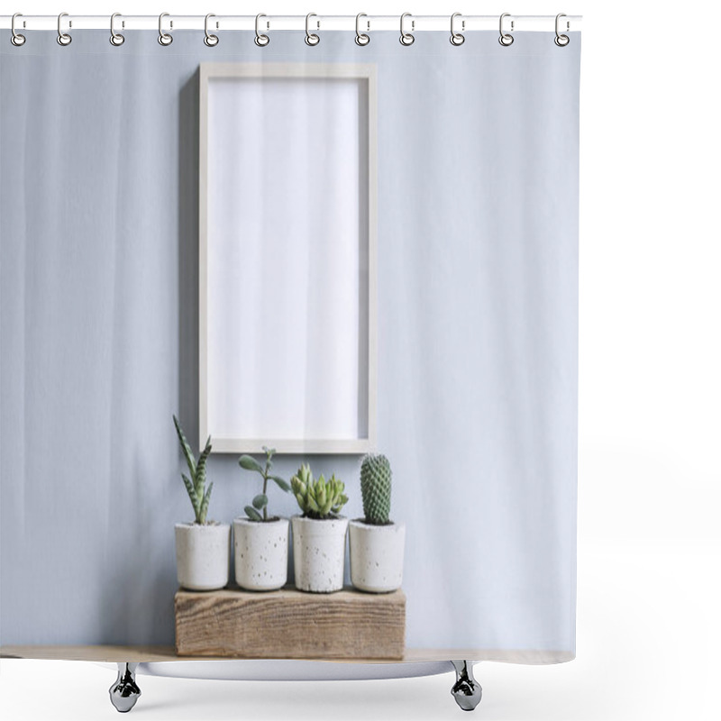 Personality  Green Succulents In Cement Pots And Blank Frame On Wooden Table Shower Curtains