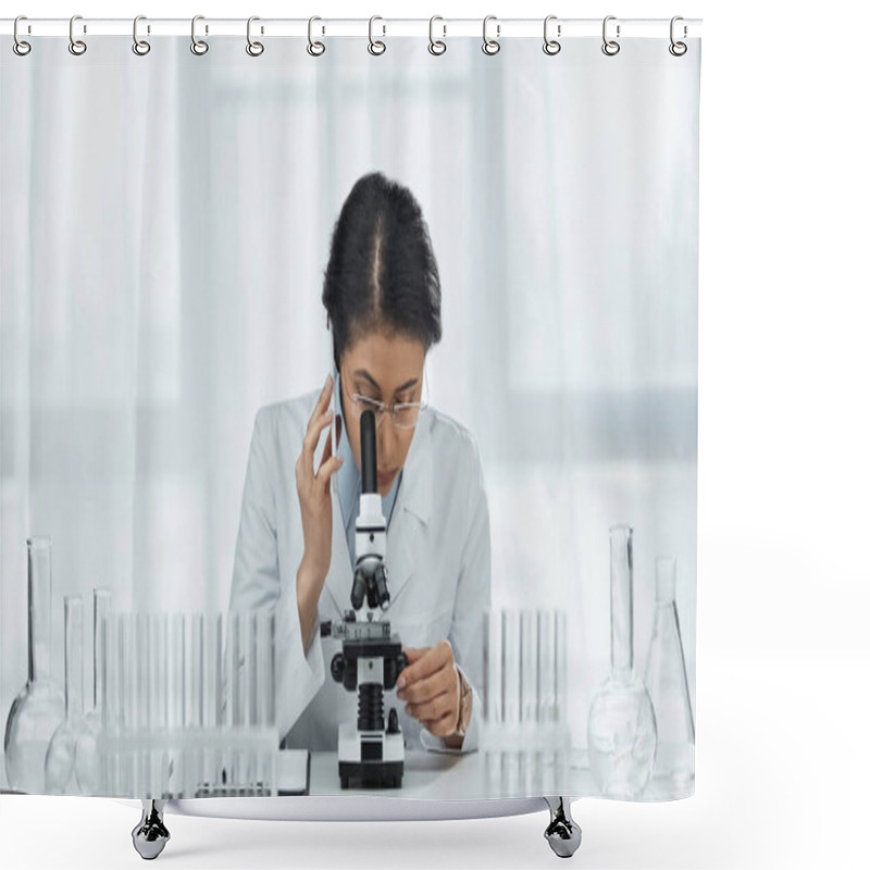 Personality  African American Scientist In Glasses Talking On Smartphone While Looking Through Microscope In Lab  Shower Curtains