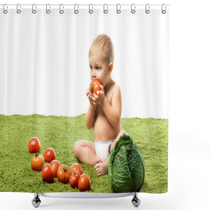 Personality  Cute Toddler Boy Eating Tomato And Sitting On Green Carpet Near With Vegetables Isolated On White Shower Curtains