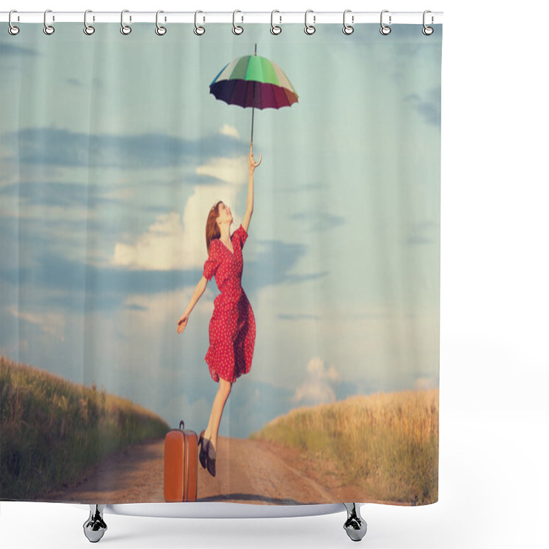 Personality  Redhead Girl With Umbrella And Suitcase At Outdoor Shower Curtains