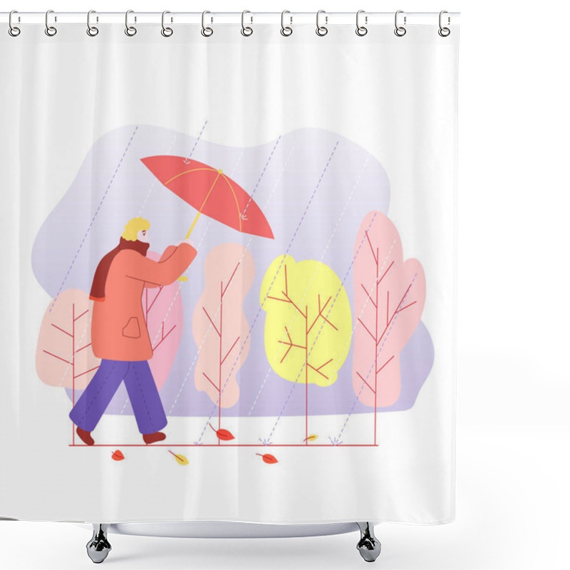 Personality  A Woman Walks With An Umbrella In The Rain, In A Coat And Scarf, Autumn Leaves, Autumn Trees. Flat Illustration Isolated Shower Curtains