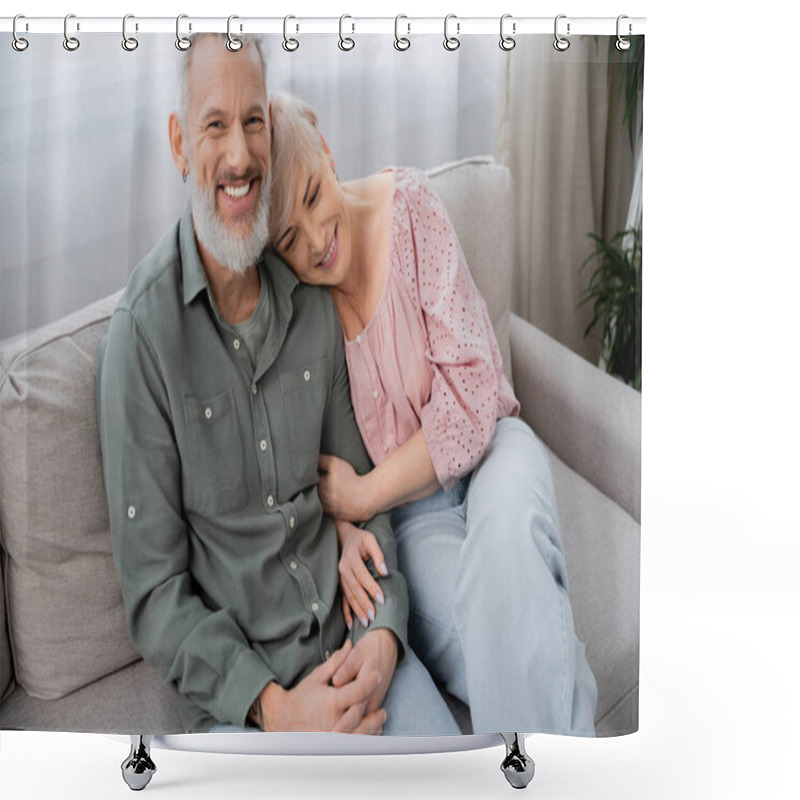 Personality  Happy Middle Aged Woman Leaning On Cheerful Bearded Man Smiling At Camera On Couch In Living Room Shower Curtains