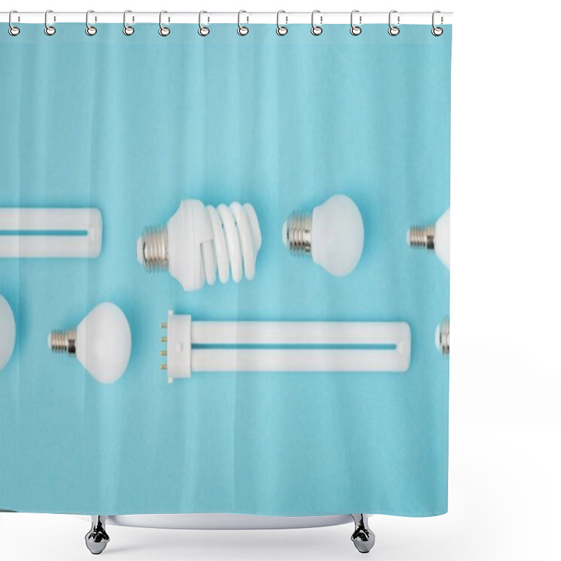 Personality  Flat Lay With Arranged Various Light Bulbs Isolated On Blue Shower Curtains