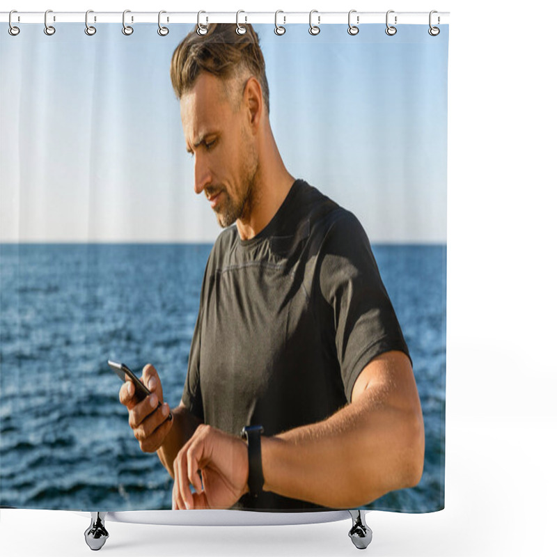 Personality  Handsome Adult Man Using Smartphone And Smart Watch On Seashore Shower Curtains