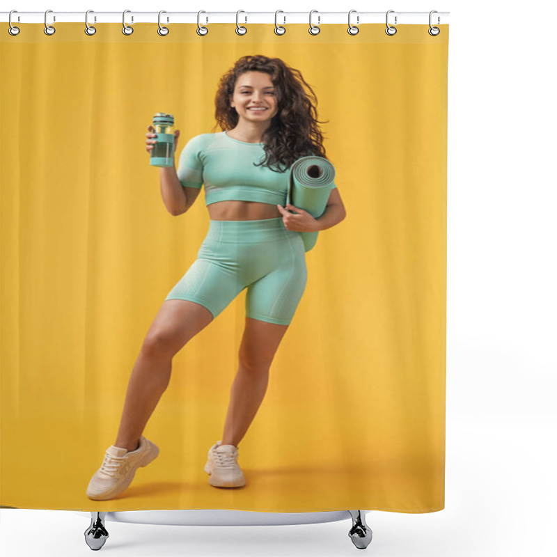 Personality  Smiling Woman In Sportswear With Fitness Mat And Sport Bottle In Studio. Fitness Woman In Sportswear Hold Mat And Bottle Isolated On Yellow Background. Fitness And Sport. Shower Curtains