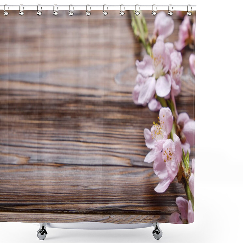 Personality  Beautiful Spring Composition With Flowering Blossoms On Wooden Background With Copy Space For Text. Mother's Day Greeting Concept. Shower Curtains