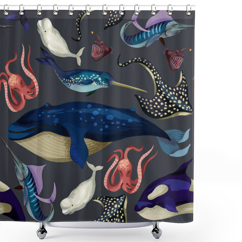 Personality  Seamless Pattern With Whale, Devilfish, Orca And Octopus. Vector. Shower Curtains