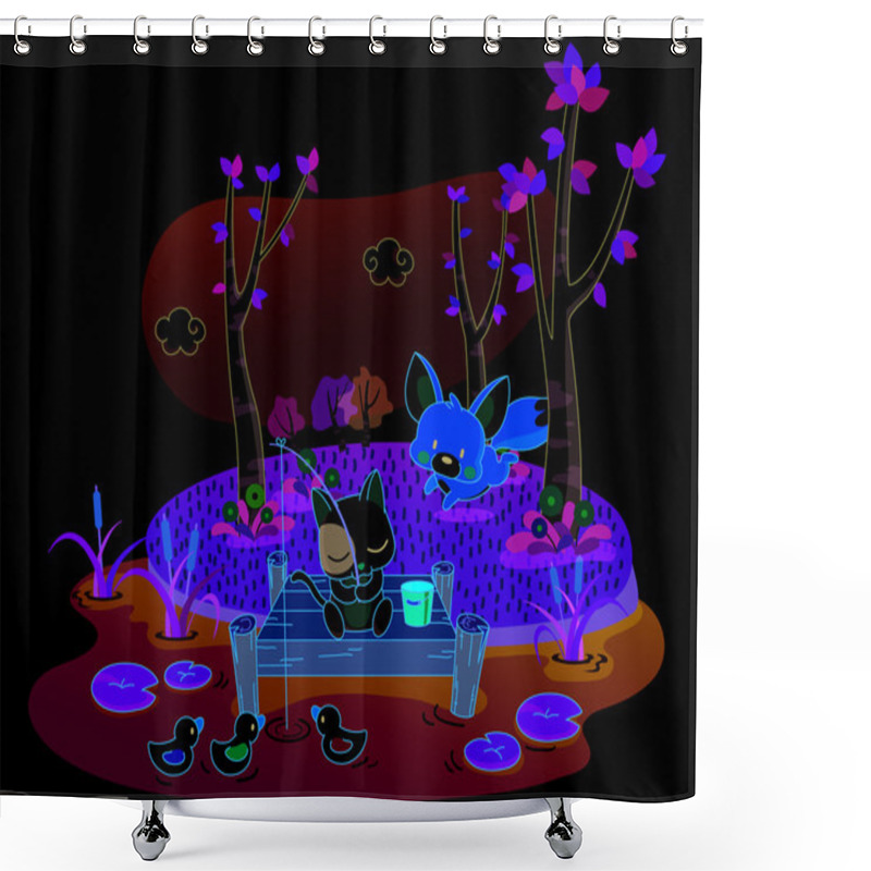 Personality  Cartoon Cat Fishing In The River Shower Curtains