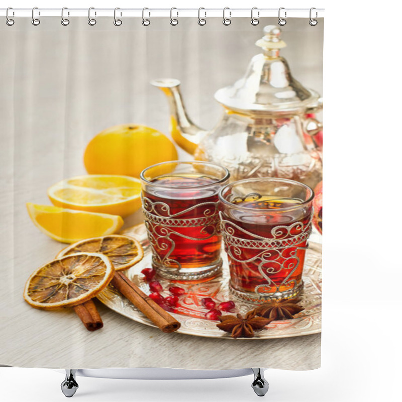 Personality  Traditional Arabic Tea With Metal Teapot And Glasses Vertical Shower Curtains