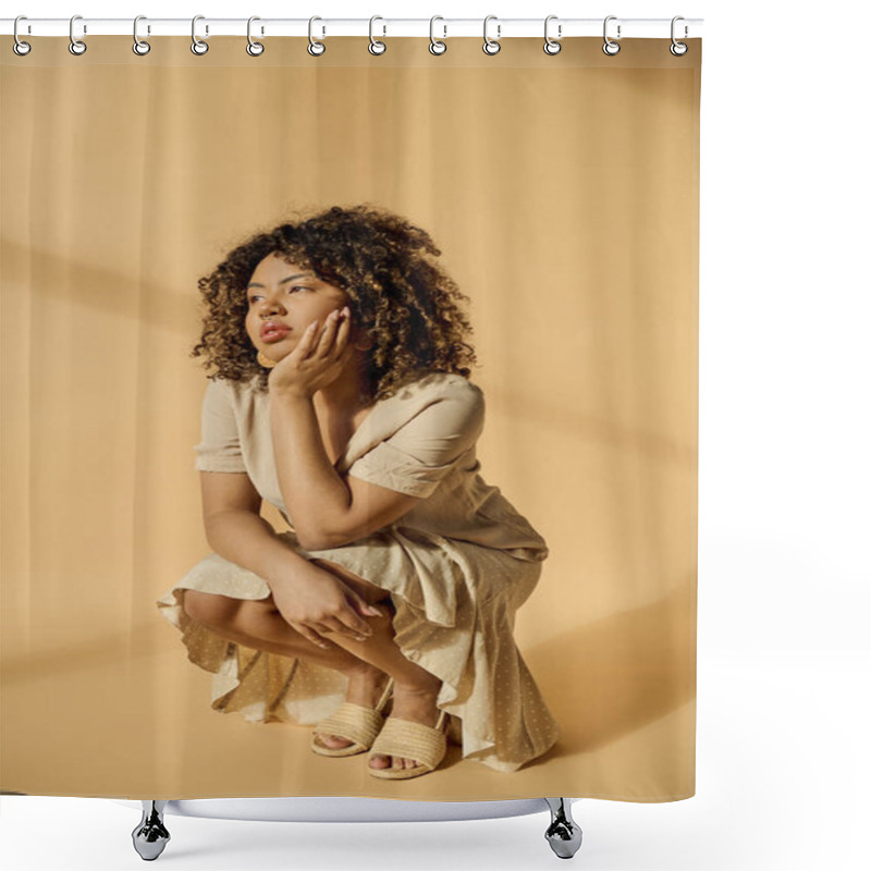 Personality  A Beautiful Young African American Woman With Curly Hair Sitting On The Ground With Her Hand On Her Face, Lost In Deep Thought. Shower Curtains