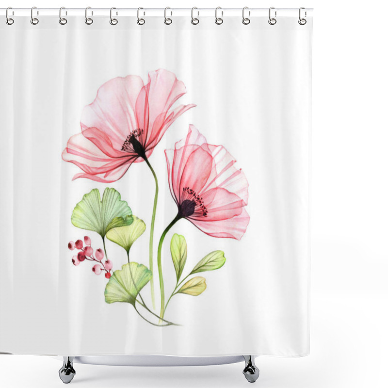 Personality  Watercolor Poppy Bouquet. Two Pink Flowers With Leaves And Berries Isolated On White. Hand Painted Artwork With Detailed Petals. Botanical Illustration For Cards, Wedding Design Shower Curtains