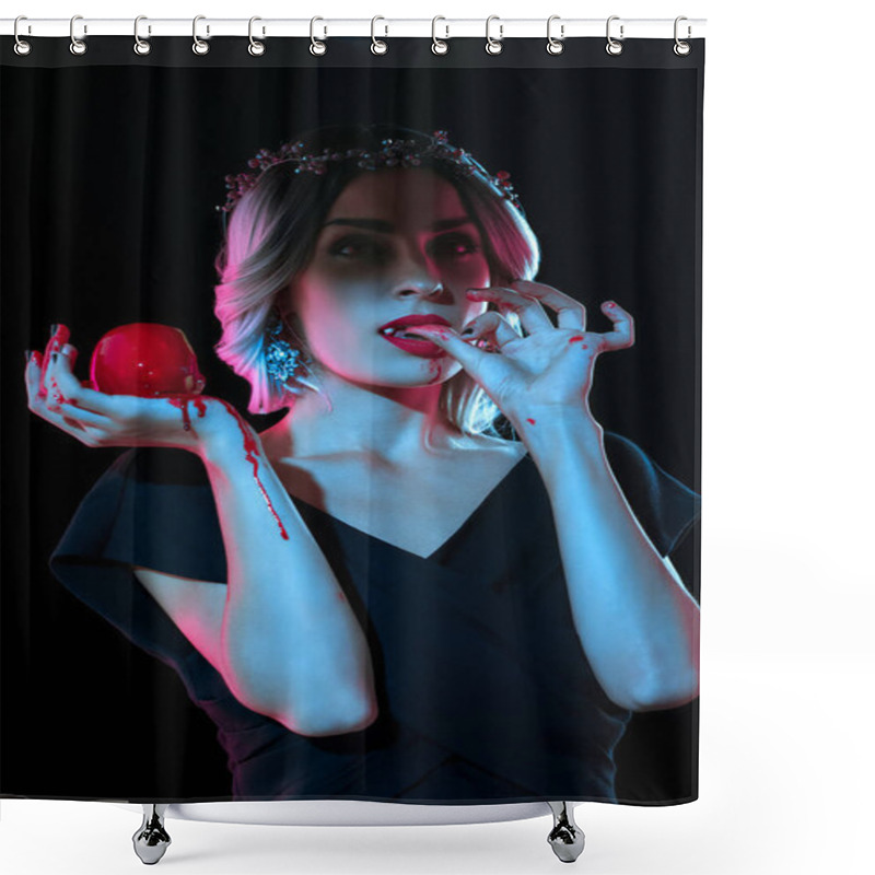 Personality  Vampire Woman With Red Bloody Apple Licking Her Fingers Isolated On Black Shower Curtains