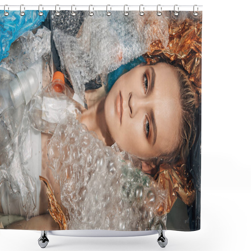 Personality  Top View Of Young Woman In Bathtub With Plastic Waste, Environmental Pollution Concept Shower Curtains