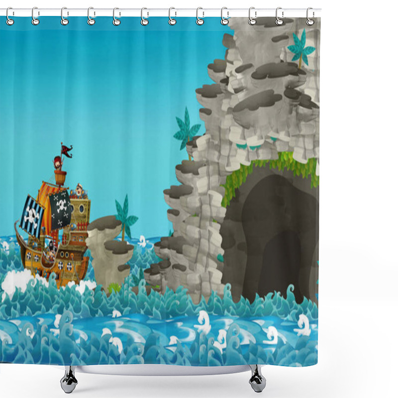 Personality  Cartoon Scene With Pirate Ship Sailing Through The Seas - Illustration For Children Shower Curtains