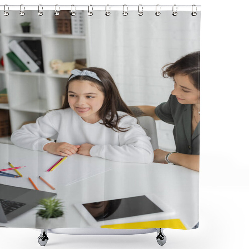 Personality  Mother Sitting Near Daughter Sticking Out Tongue During Speech Therapy Lesson On Laptop At Home  Shower Curtains