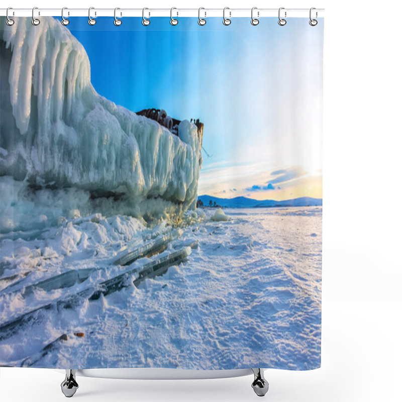 Personality  Old Rusty Ship On Ice Covered Sunset Standing On The Shore Shower Curtains