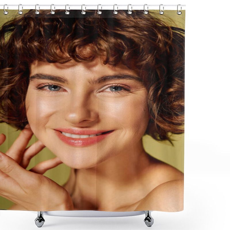 Personality  A Young Woman Shares Her Infectious Smile While Lightly Touching Her Face, Radiating Joy. Shower Curtains