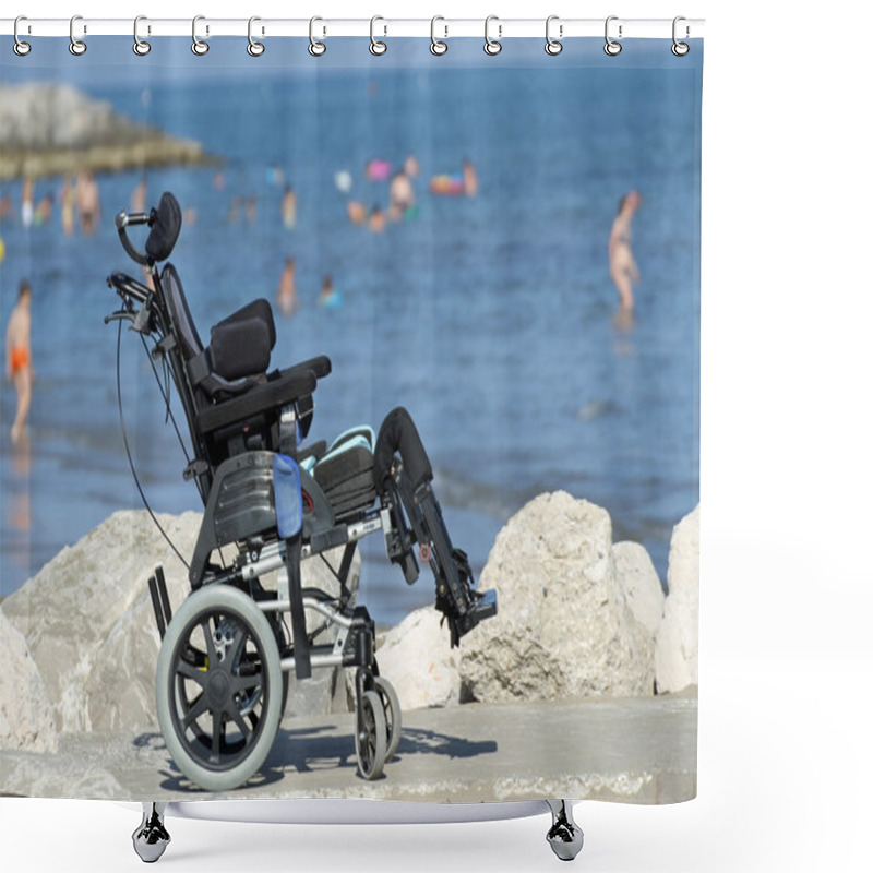 Personality  Wheelchair For Disabled People On The Jetty Of Rocks By The Sea Shower Curtains