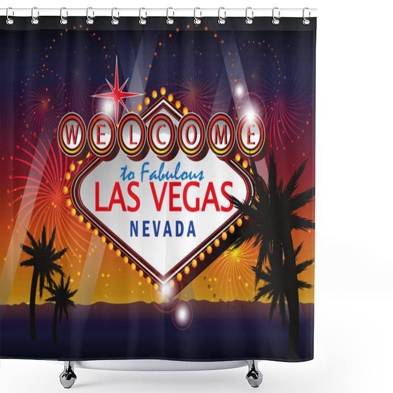 Personality  Welcome To Fabulous Las Vegas Nevada Sign In Blue Gold Backgroun Shower Curtains