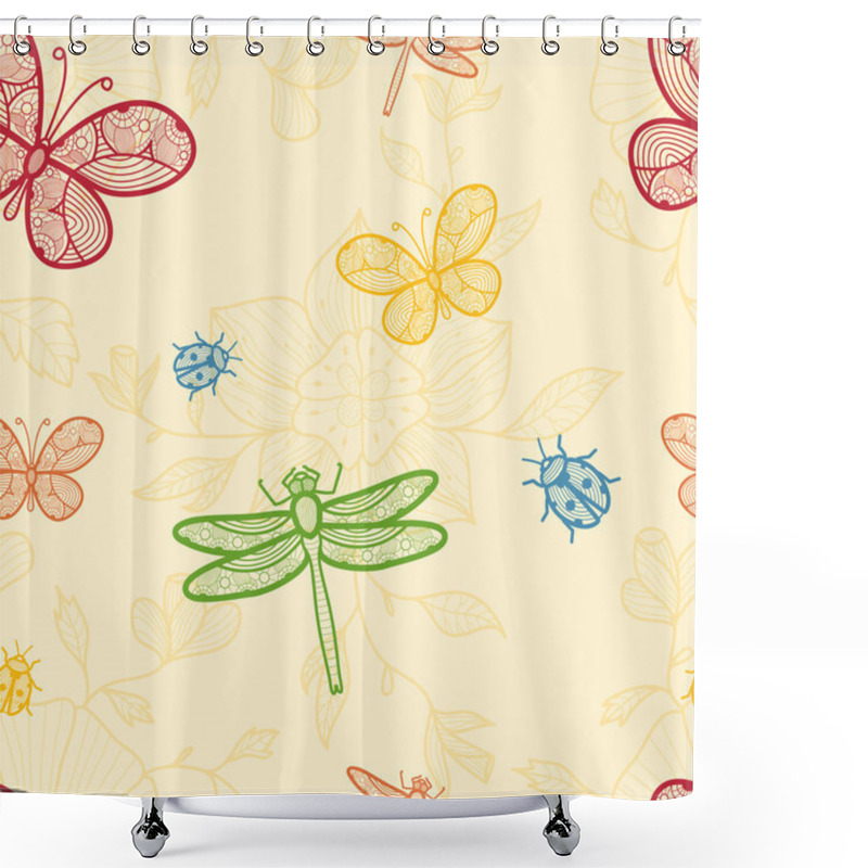 Personality  Seamless Background With Flowers, Butterflies, Dragonflies And Ladybugs Shower Curtains