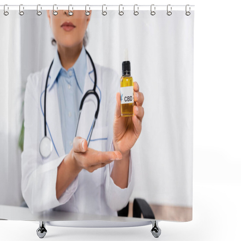 Personality  Cropped View Of African American Doctor Pointing With Hand At Bottle With Cbd  Shower Curtains